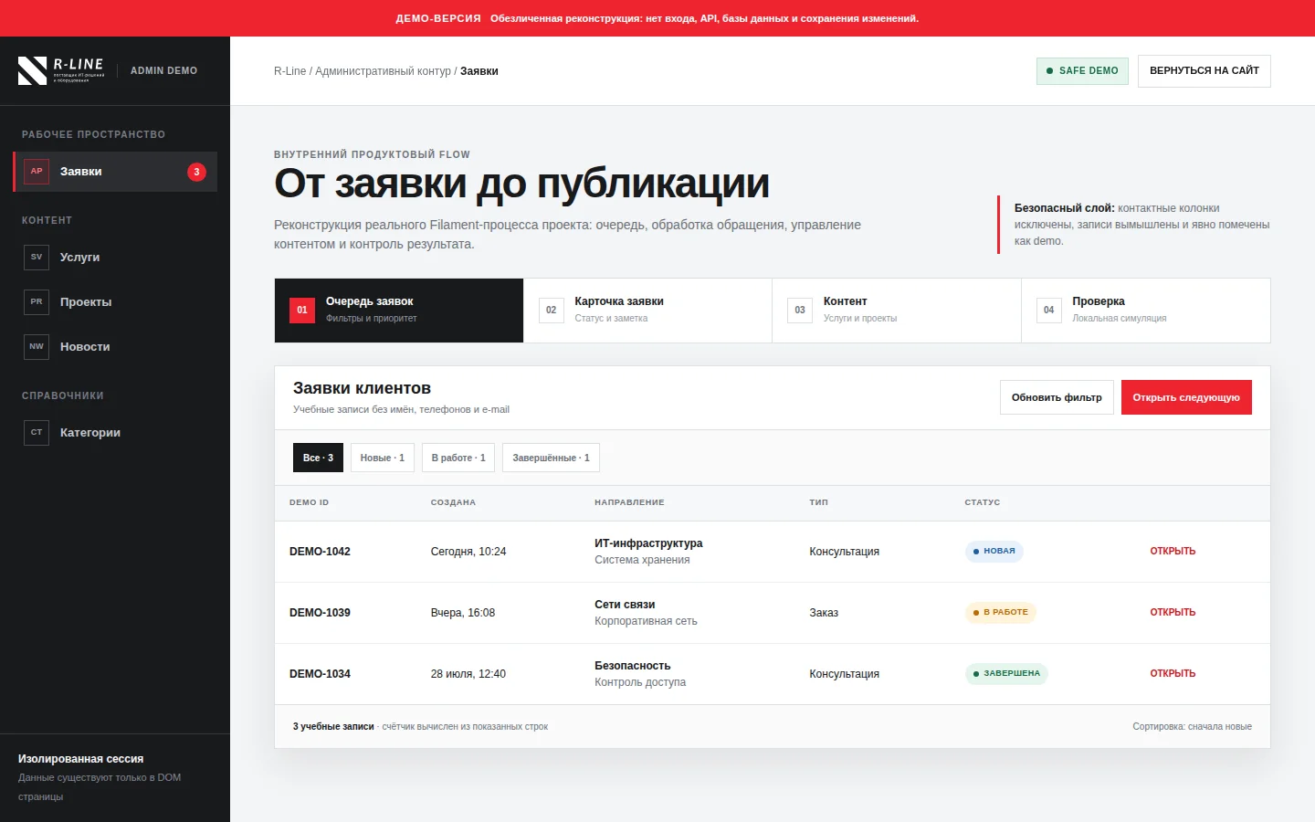 Обезличенная очередь заявок в административном demo